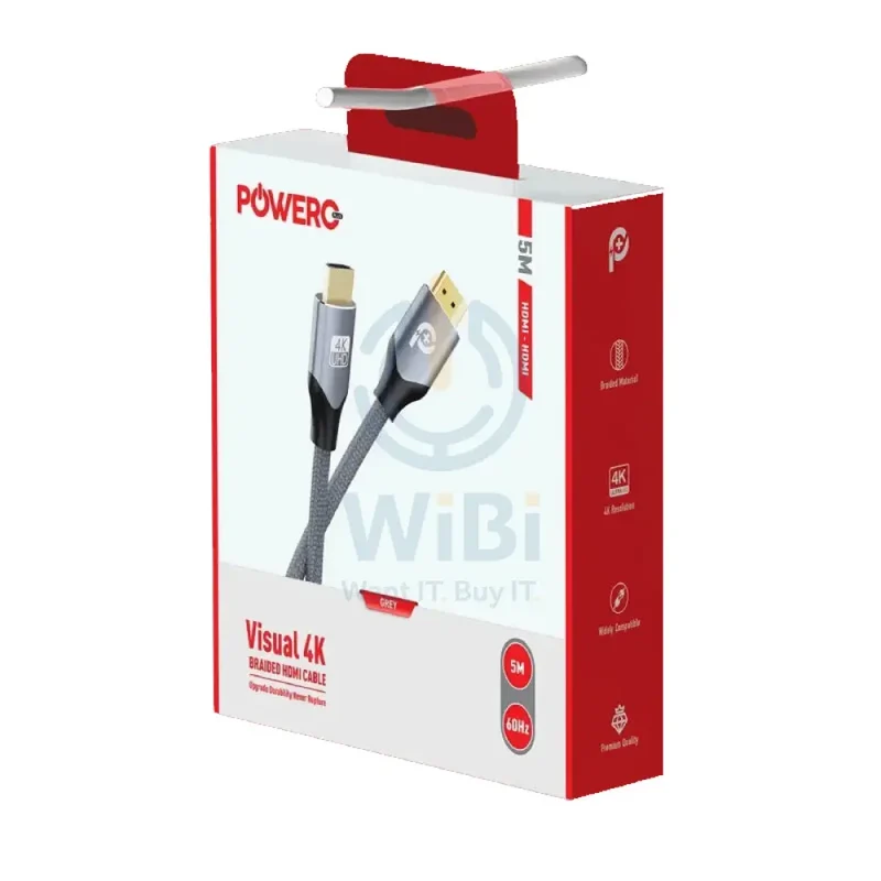 كابل باور أو+ فيجوال مجدول بدقة 4K - HDMI / طول 5 أمتار / رمادي