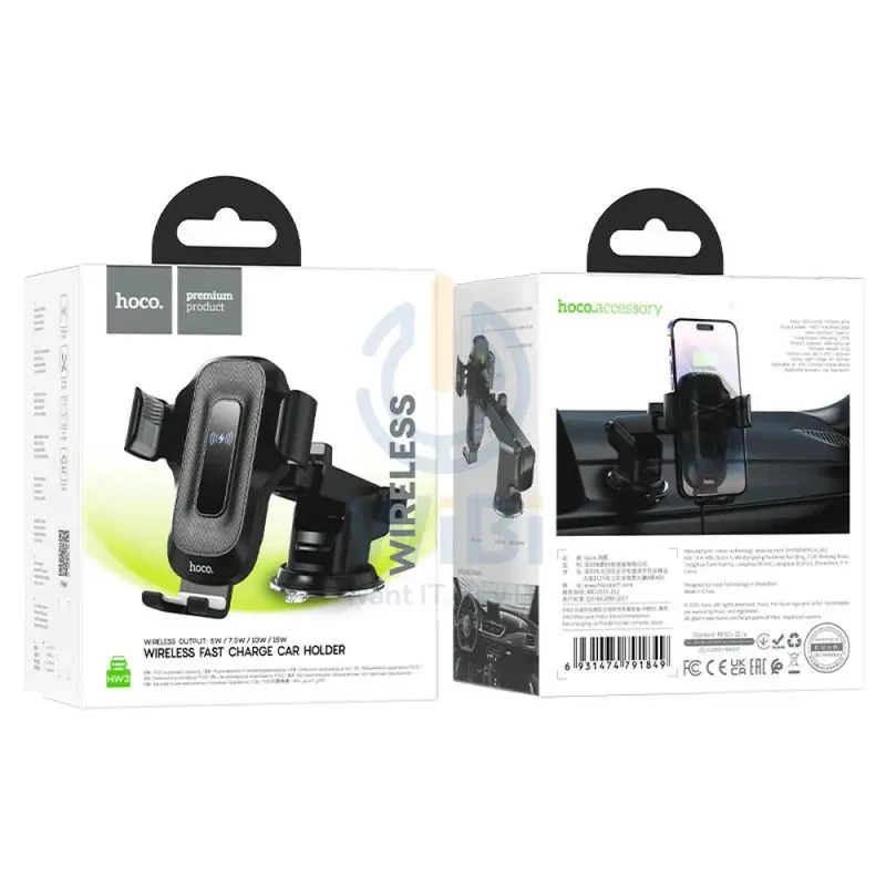HOCO HW3 Fast Wireless Charger Center Console Car Holder - 15W / Black