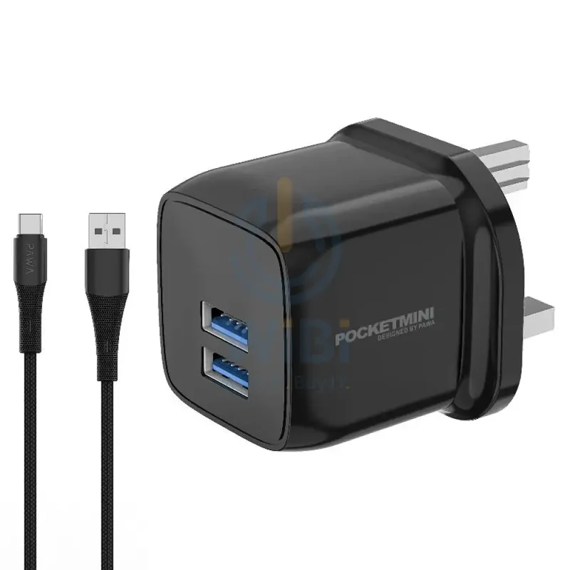 Pawa Pocket Mini Travel Charger with Type-C Cable - 2x USB / Black
