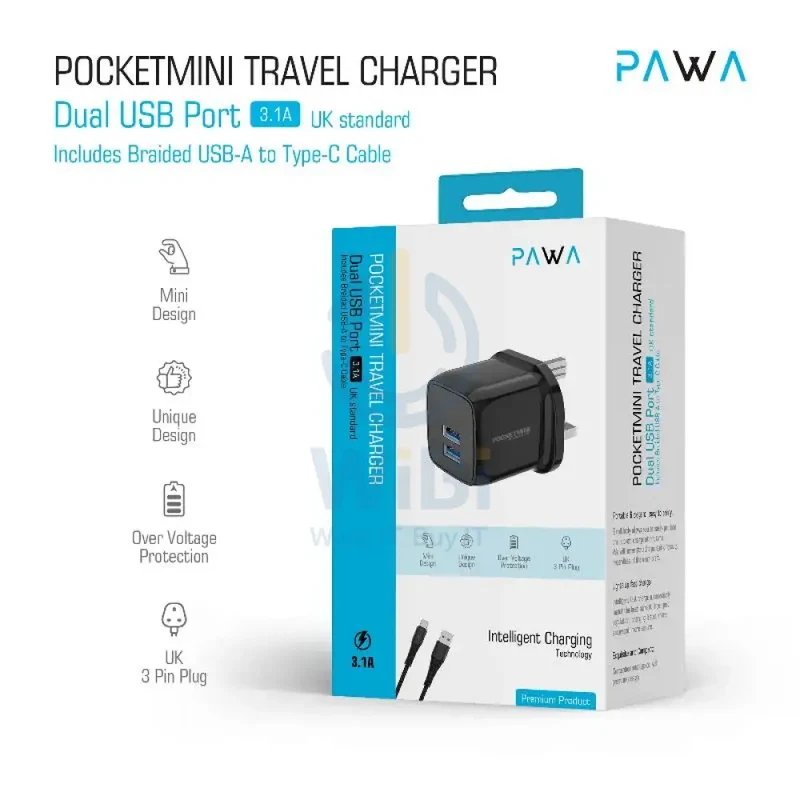 Pawa Pocket Mini Travel Charger with Type-C Cable - 2x USB / Black