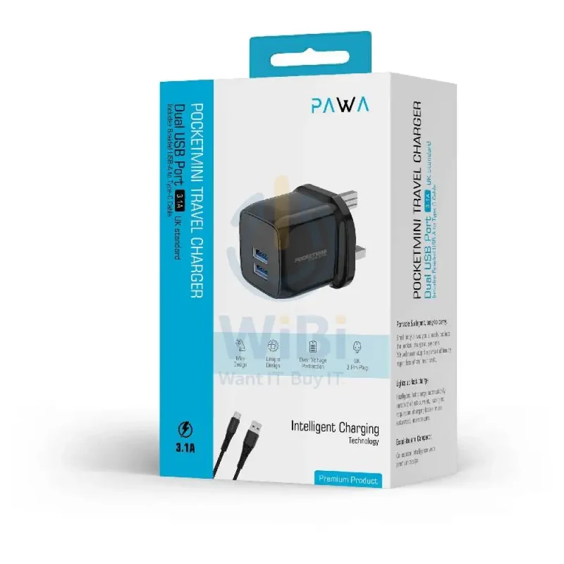 Pawa Pocket Mini Travel Charger with Type-C Cable - 2x USB / Black
