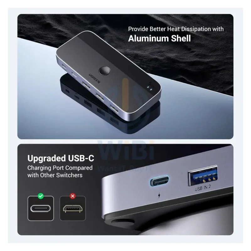 موزع تبديل ومشاركة يو جرين CM662 بمدخلين و4 مخارج مع ريموت - 5 جيجابت/ثانية / 3× USB-A / 1× USB-C / أسود