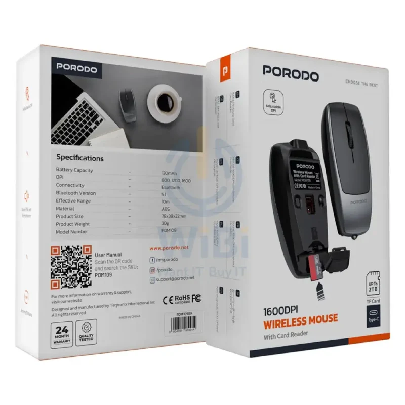 Porodo PDM109 Wireless Mouse with Card Reader - 1600dpi / Bluetooth / 120mAh / Black
