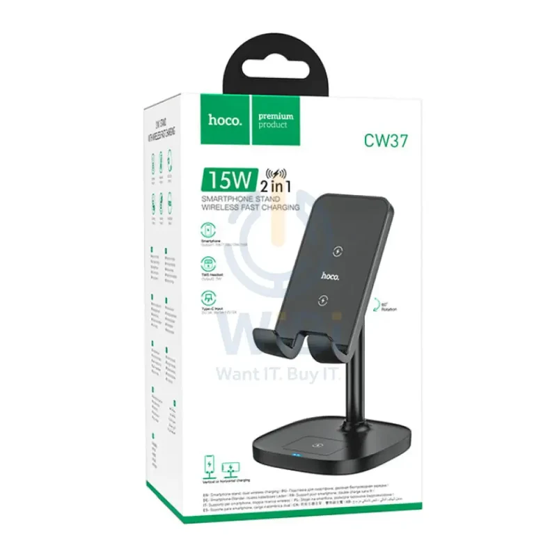 HOCO CW37 2-in-1 Tabletop Wireless Charging Holder - 15W / Black
