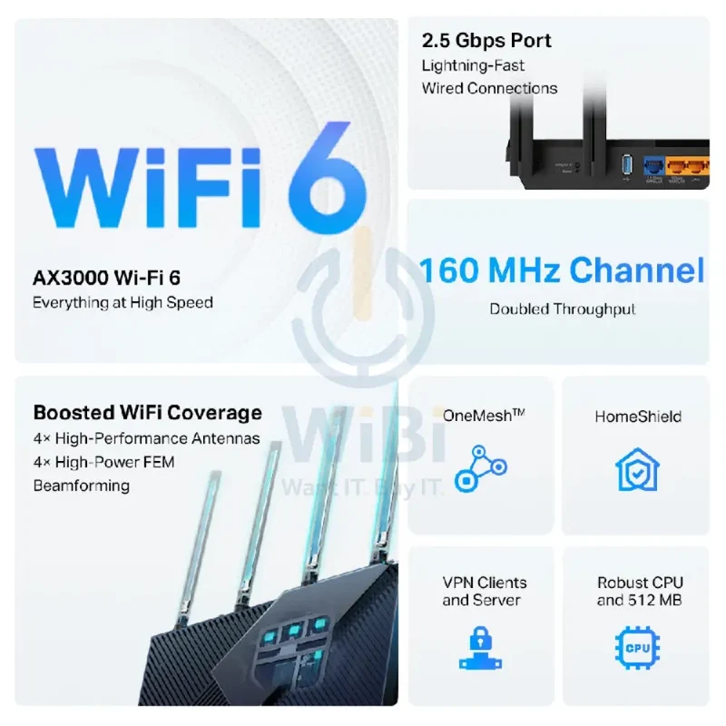 TP-Link (Archer AX55 Pro) AX3000 Dual Band Multi-Gigabit Wi-Fi 6 Router - 2.5 GHz(574 Mbps) / USB 3.0 / Gigabit WAN / Gigabit LAN