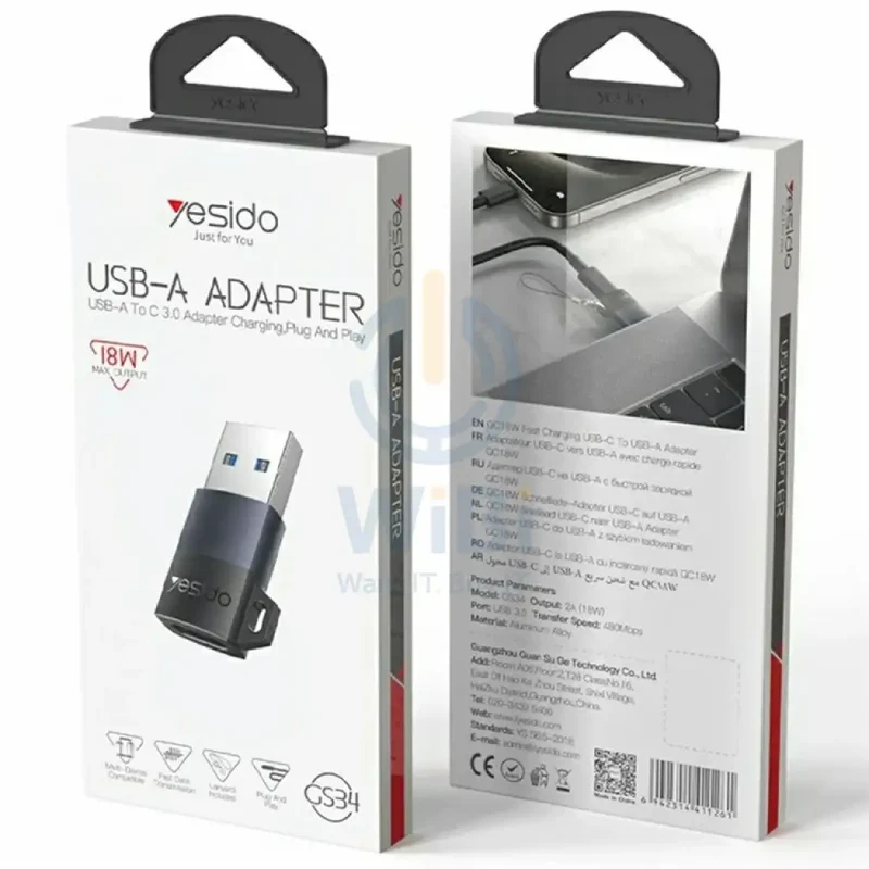 Yesido GS34 USB-C Charging Adapter - Up to 480Mbps / USB-A / Black