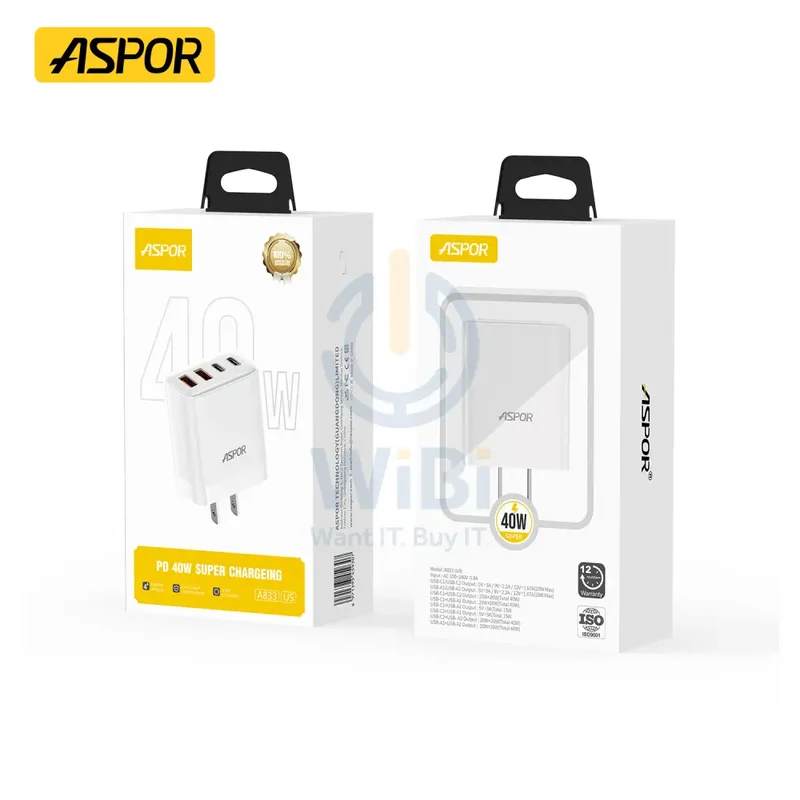 Aspor A833 40W PD Super Power Fast Charger - 40W / White