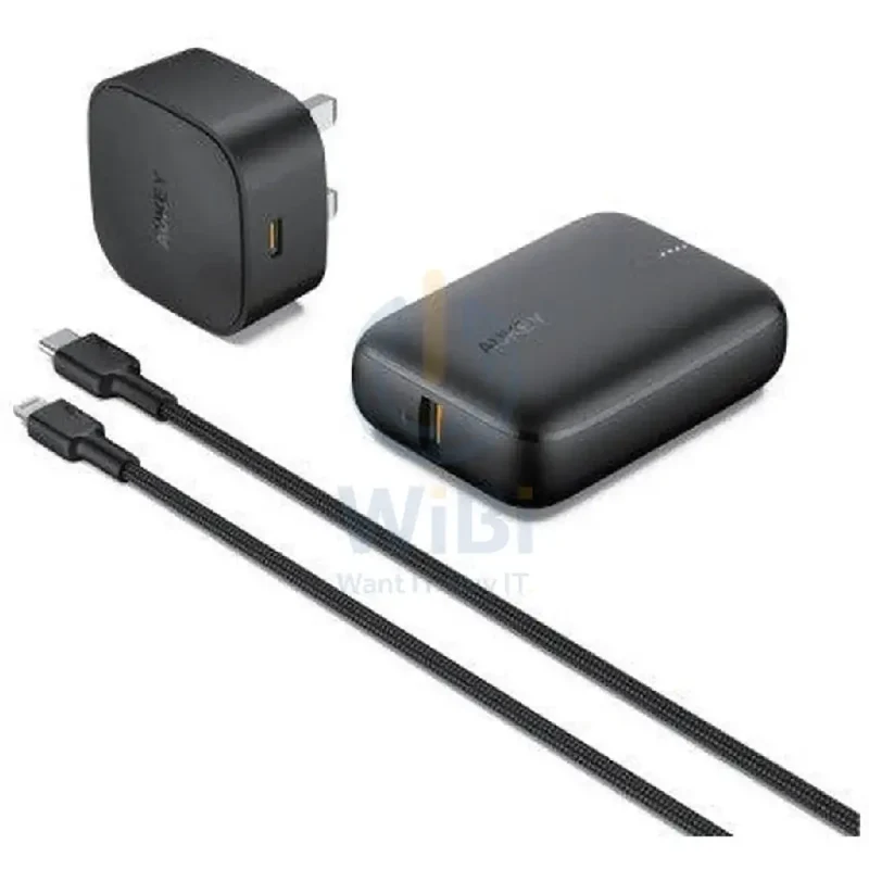 AUKEY On The Go Bundle (Wall Charger+ Power Bank + Braided Cable) - 20W / 10,000mAh / 1.2 Meter / Black