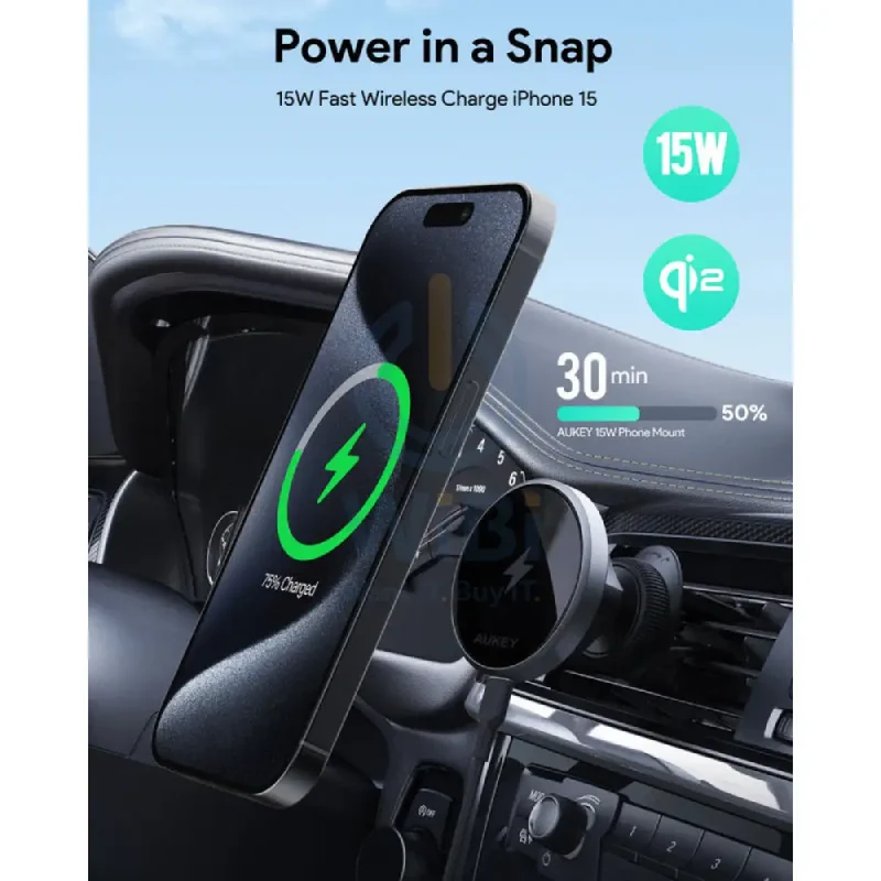 AUKEY Qi2 Wireless Car Vent Charging Mount Holder - 15W / Black
