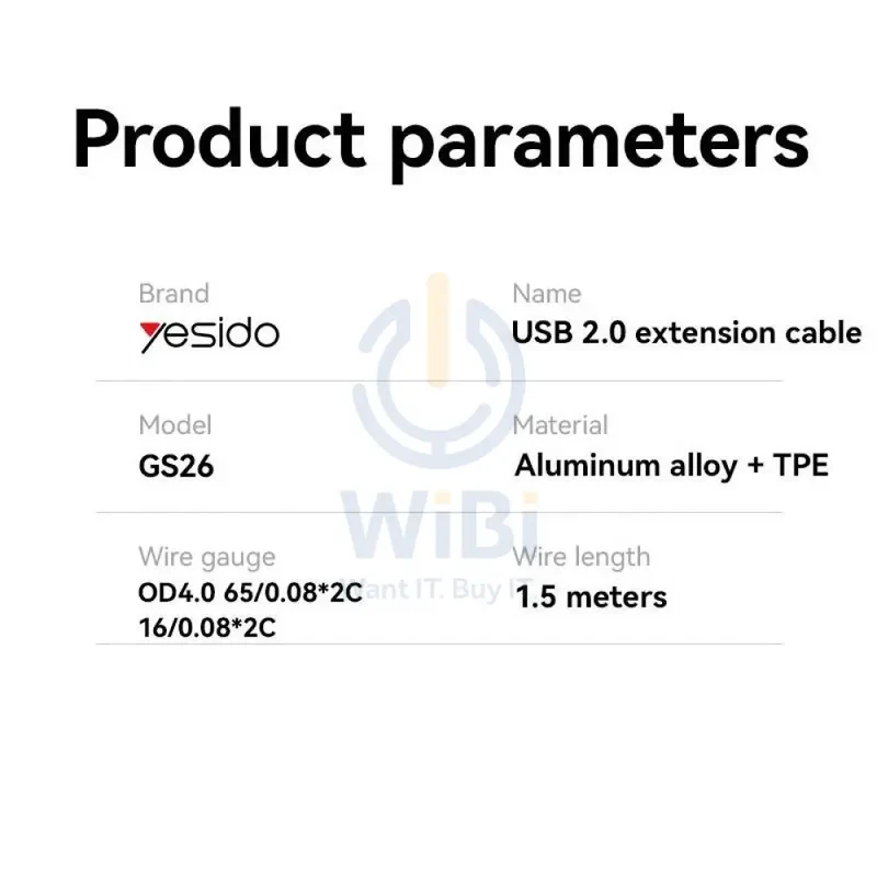 Yesido GS26 Aluminum Alloy USB Extension Cable - 1.5 Meter / USB - Black