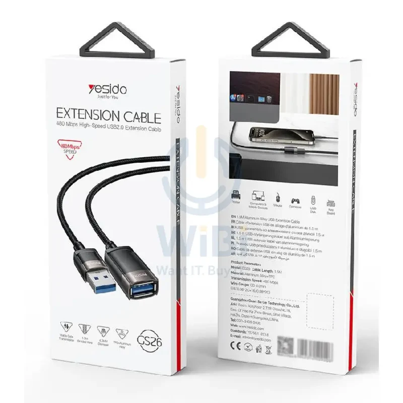 Yesido GS26 Aluminum Alloy USB Extension Cable - 1.5 Meter / USB - Black