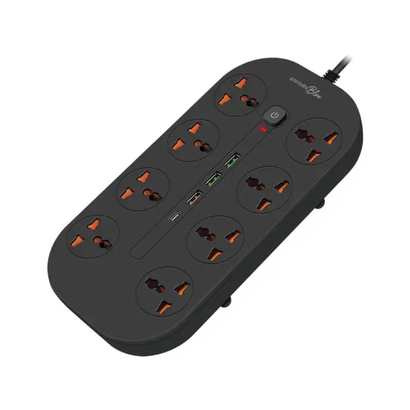 مشترك كهربائي بورودو بلو بثمانية مخارج AC - قابس بريطاني ثلاثي السنون / USB-C / USB-A / أسود
