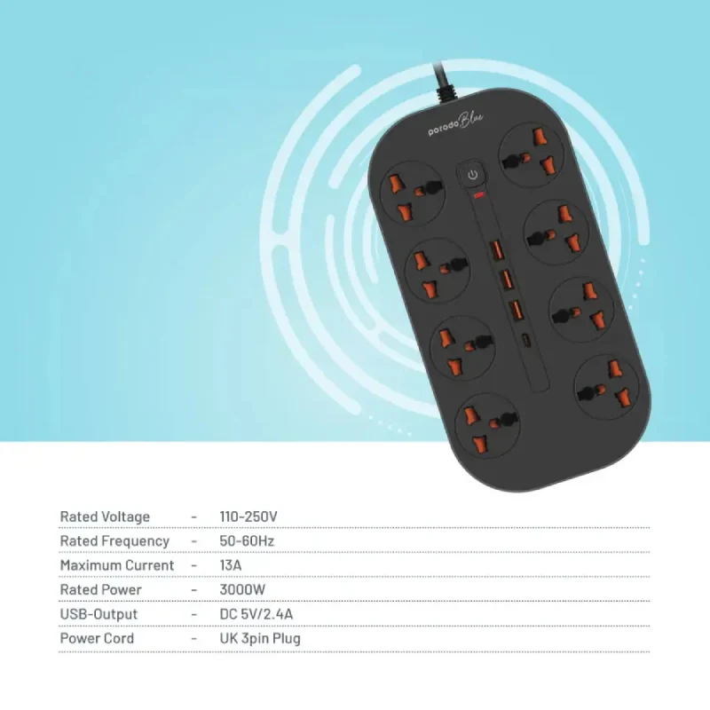 مشترك كهربائي بورودو بلو بثمانية مخارج AC - قابس بريطاني ثلاثي السنون / USB-C / USB-A / أسود
