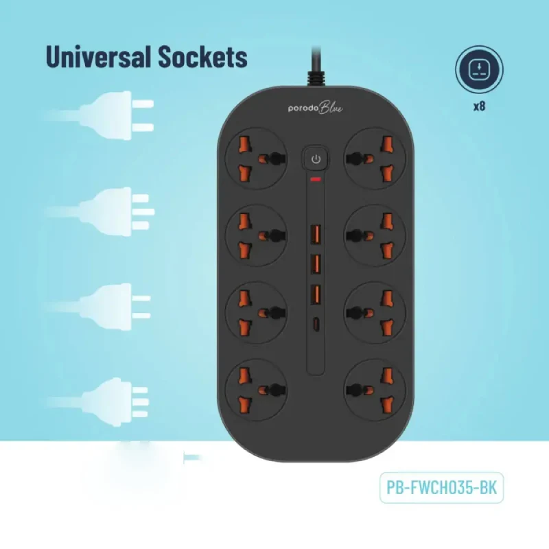 مشترك كهربائي بورودو بلو بثمانية مخارج AC - قابس بريطاني ثلاثي السنون / USB-C / USB-A / أسود