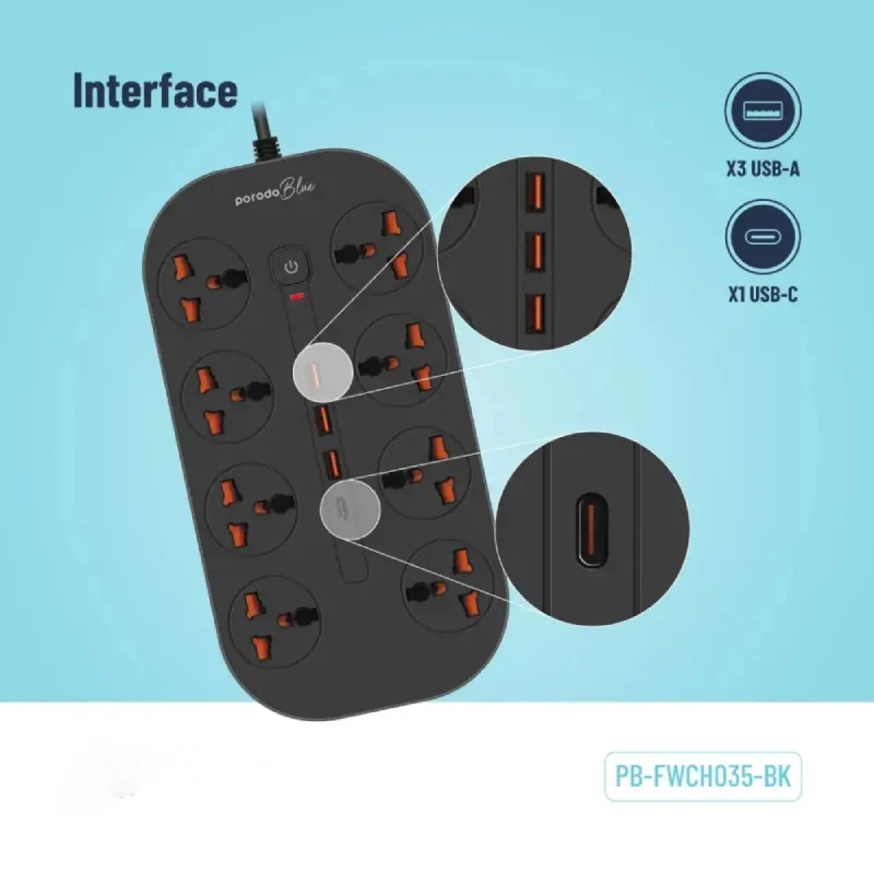 مشترك كهربائي بورودو بلو بثمانية مخارج AC - قابس بريطاني ثلاثي السنون / USB-C / USB-A / أسود