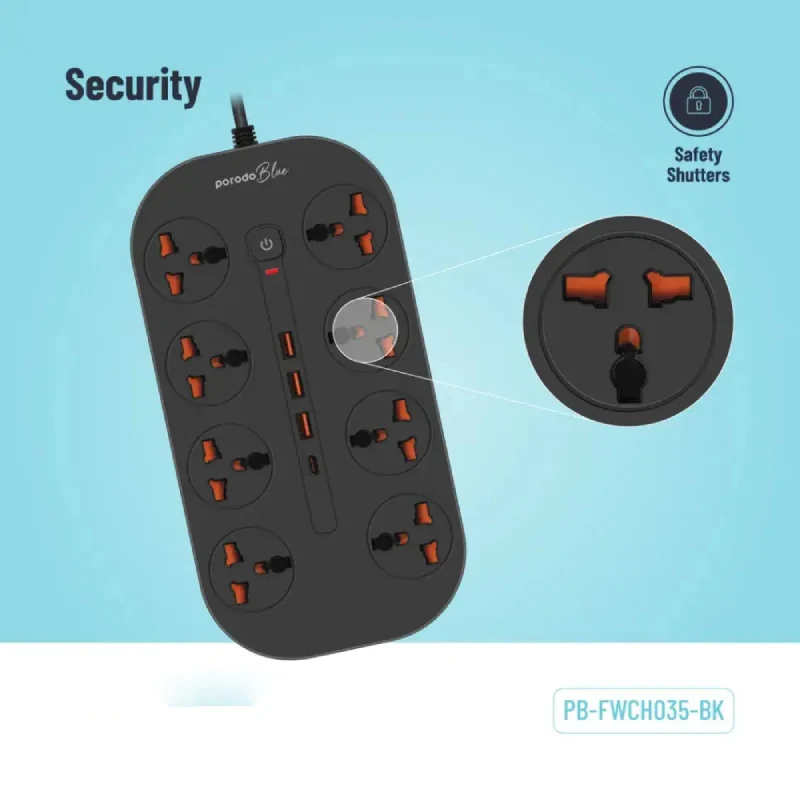 مشترك كهربائي بورودو بلو بثمانية مخارج AC - قابس بريطاني ثلاثي السنون / USB-C / USB-A / أسود