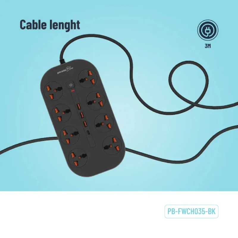 مشترك كهربائي بورودو بلو بثمانية مخارج AC - قابس بريطاني ثلاثي السنون / USB-C / USB-A / أسود