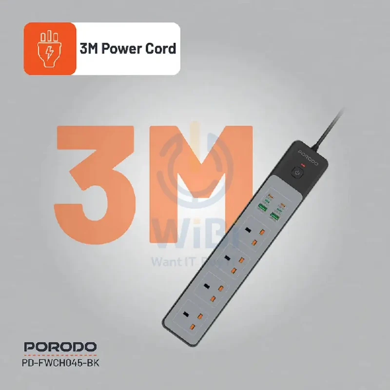 مشترك كهربائي بورودو بـ4 مقابس تيار متردد وقدرة 65 واط و3000 واط - كابل بطول 3 أمتار وقابس بريطاني / USB-C / USB-A / أسود