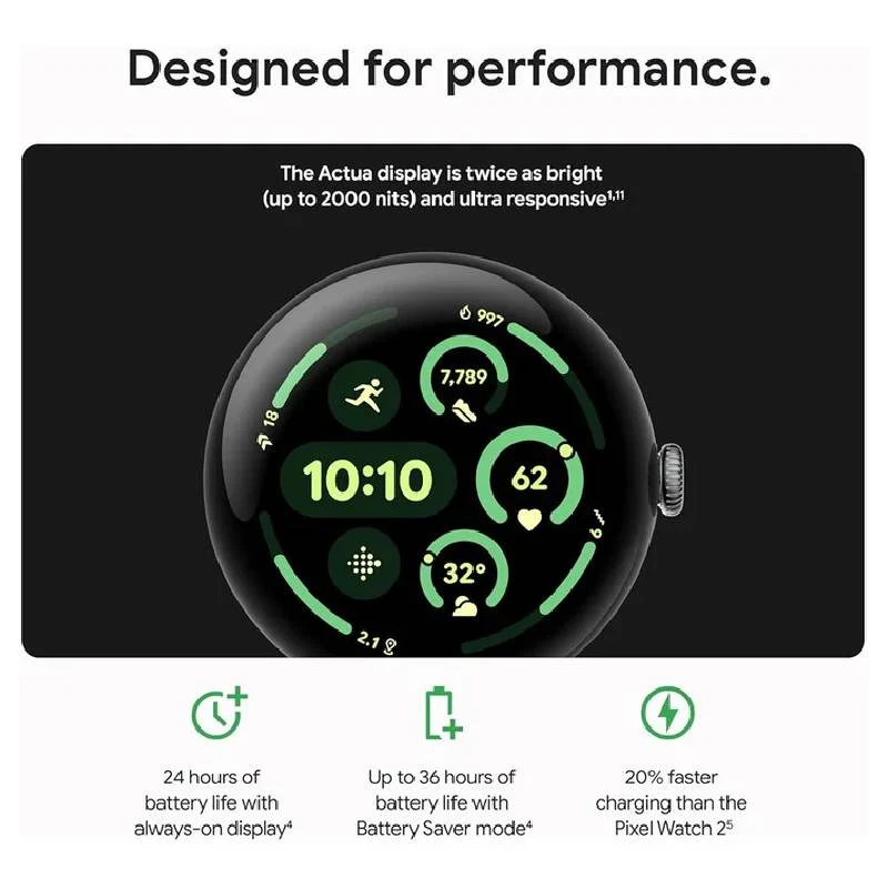 ساعة جوجل بيكسل 3، شاشة AMOLED LTPO / سعة 32 جيجابايت / حجم 45 مم / بلوتوث / واي فاي / هازل