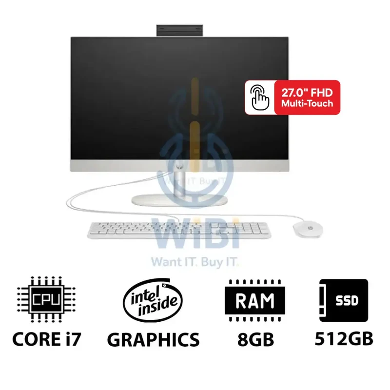 HP 27-CR0010NE AIO PC - i7 / 8GB / 512GB (NVMe M.2 SSD) / 27" FHD Touch / DOS (Without OS) / 1YW / Shell White - Desktop