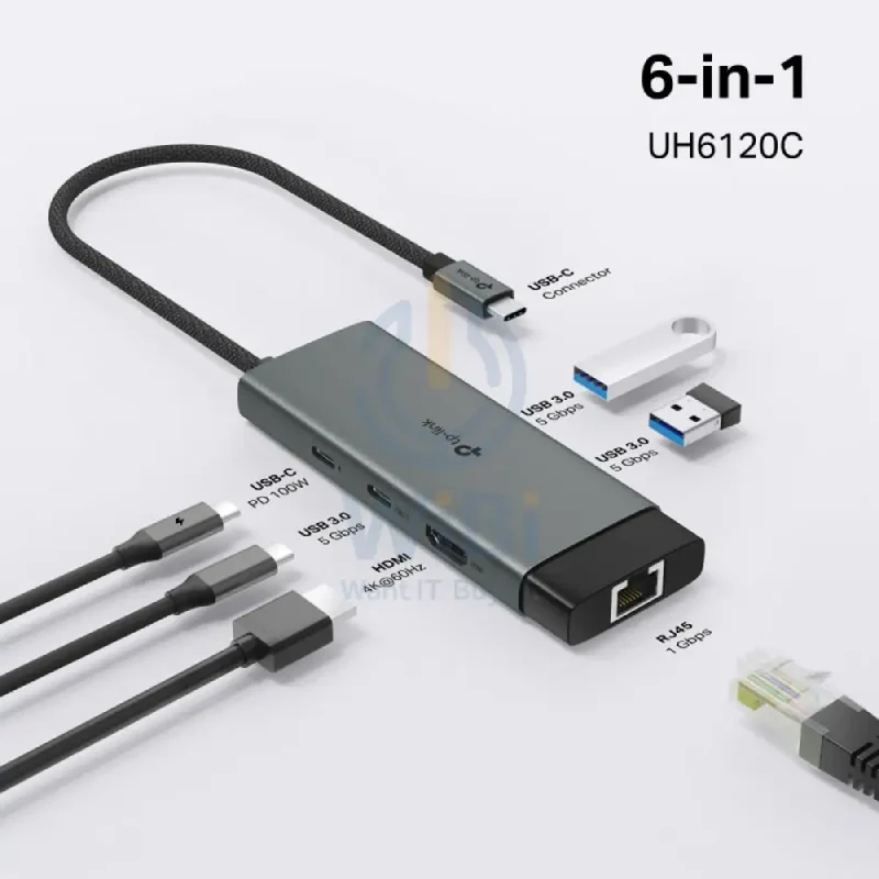 موزع تي بي-لينك UH6120C يو إس بي-C بستة منافذ، HDMI/يو إس بي-C/RJ45/يو إس بي-A