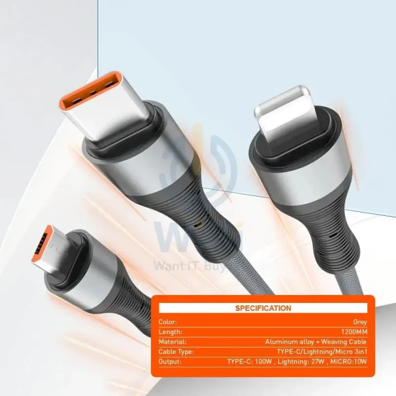 LDNIO LC94C 3-in-1 Fast Charging data Cable - 100W / 1.2 Meter / Type-C / Lightning / Micro USB / Grey