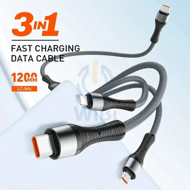 LDNIO LC94C 3-in-1 Fast Charging data Cable - 100W / 1.2 Meter / Type-C / Lightning / Micro USB / Grey