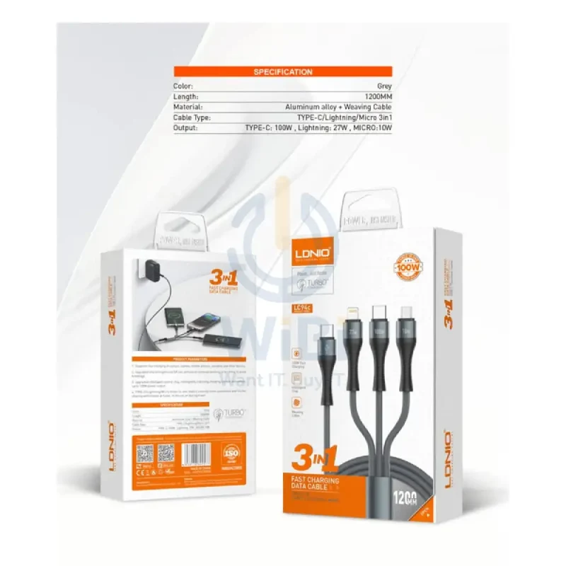 LDNIO LC94C 3-in-1 Fast Charging data Cable - 100W / 1.2 Meter / Type-C / Lightning / Micro USB / Grey