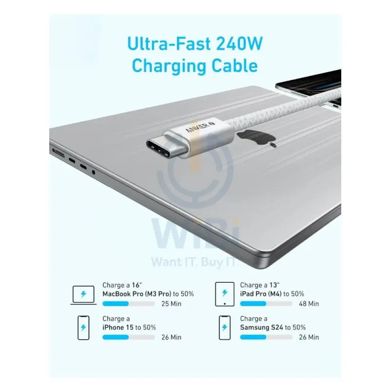كابل مضفر أنكر زولو من USB-C إلى USB-C - 240 واط / 0.9 متر / أبيض
