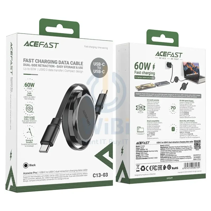 كابل بيانات وشحن إيس فاست C13-03، USB-C، 60 واط، 0.8 متر، أسود
