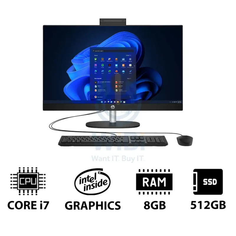HP 27-CR0013NE AIO PC - i7 / 8GB / 512GB (NVMe M.2 SSD) / 27" FHD Non-Touch / Win 11 Pro / 1YW / Jet Black - Desktop