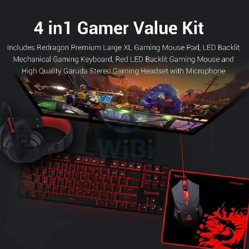 Redragon K552-BB 4 in 1 Mechanical Gaming Combo - 3200 DPI / LED Backlit / Black - KeyBoard, Mouse, Headset & Mouse Pad Combo