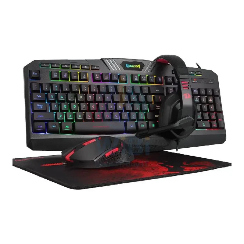 طقم ألعاب ريدراجون S101 للكمبيوتر 4 في 1 – سلكي – دقة 3200 DPI / USB / إضاءة خلفية RGB / أسود / طقم لوحة مفاتيح وماوس وسماعة رأس وماوس باد