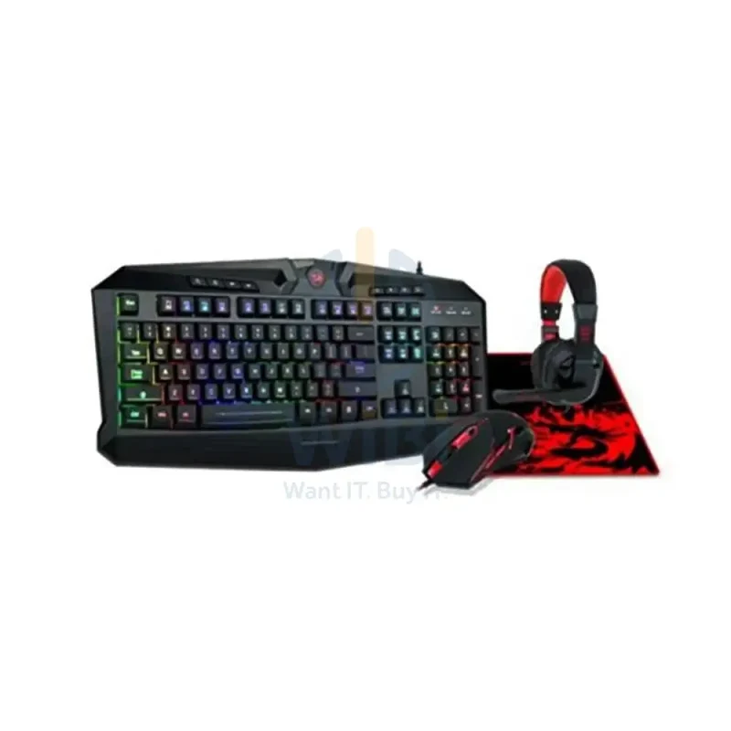 طقم ألعاب ريدراجون S101 للكمبيوتر 4 في 1 – سلكي – دقة 3200 DPI / USB / إضاءة خلفية RGB / أسود / طقم لوحة مفاتيح وماوس وسماعة رأس وماوس باد