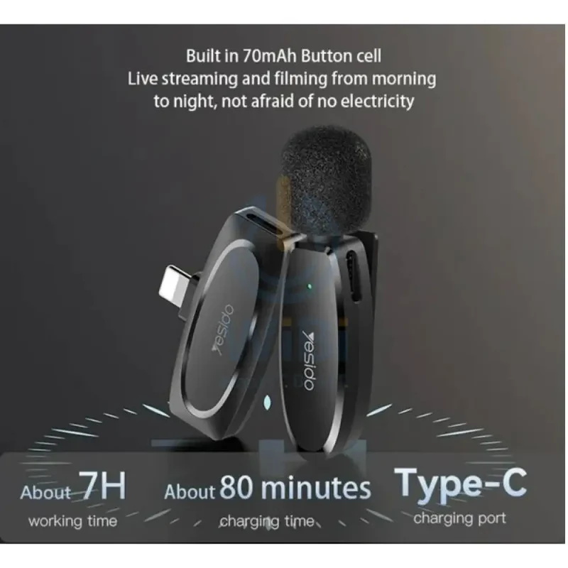 Yesido KR13 Dual Low-latency Wireless Lavalier Microphone - 2.4GHz / Wireless / USB-C - Black