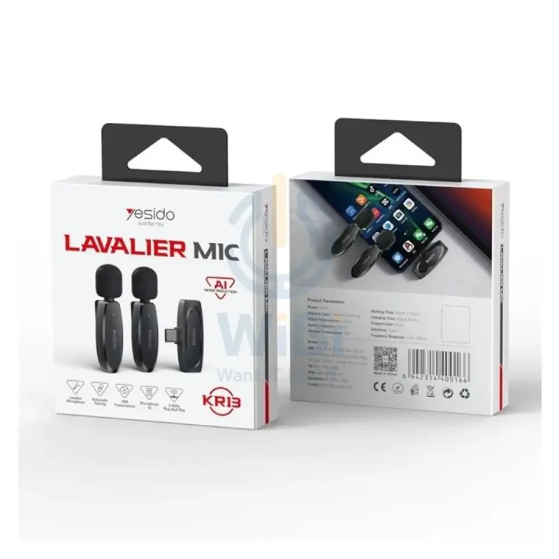 Yesido KR13 Dual Low-latency Wireless Lavalier Microphone - 2.4GHz / Wireless / USB-C - Black