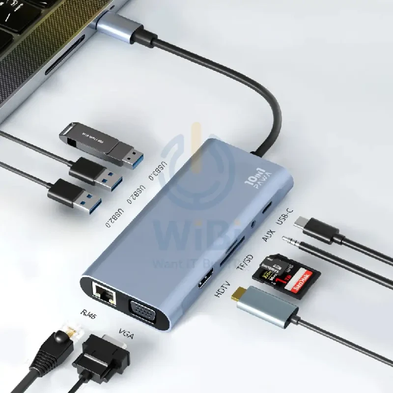 موزع USB-C باوا 10 في 1 مع HDMI بدقة 4K وVGA - رمادي