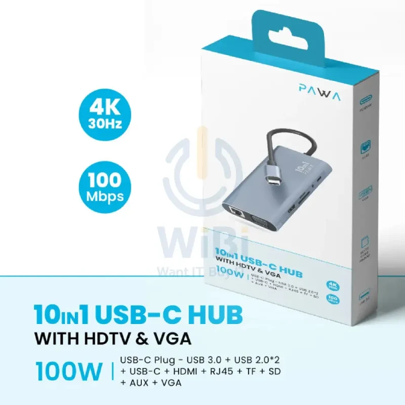 موزع USB-C باوا 10 في 1 مع HDMI بدقة 4K وVGA - رمادي