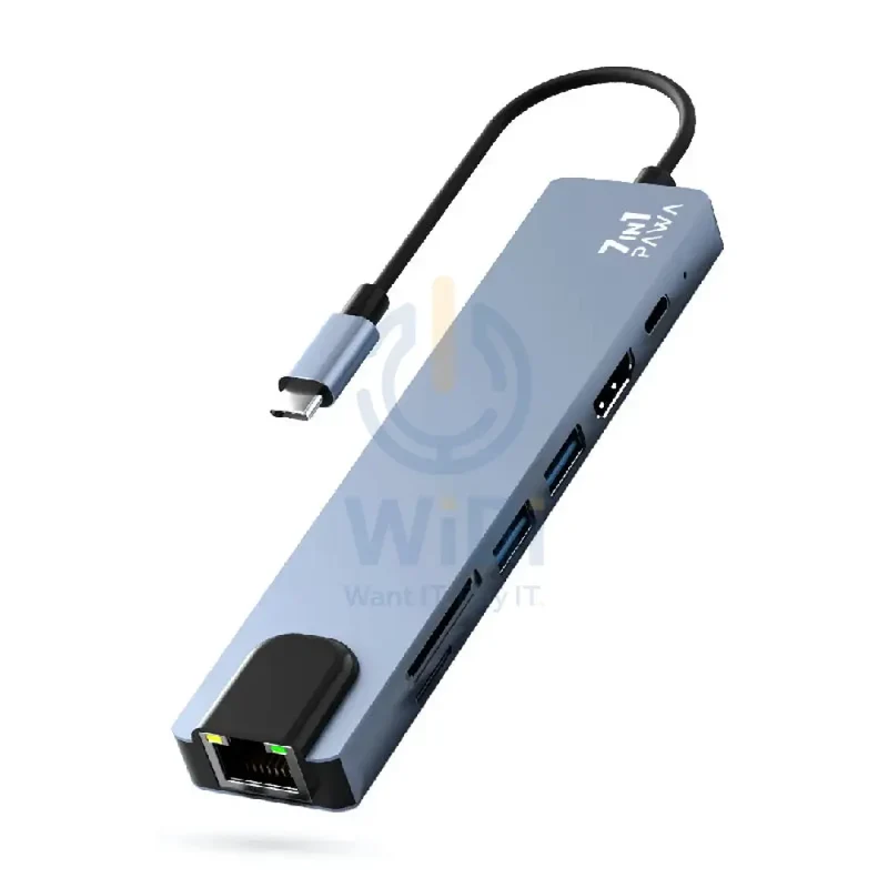 موزع باوا يو إس بي-C، 7 في 1، مع HDMI بدقة 4K، باللون الرمادي