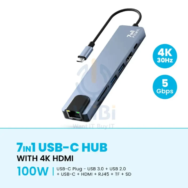 موزع باوا يو إس بي-C، 7 في 1، مع HDMI بدقة 4K، باللون الرمادي