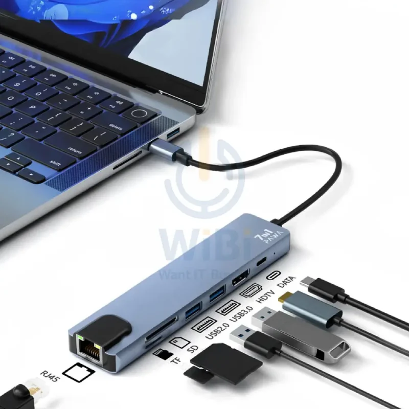 موزع باوا يو إس بي-C، 7 في 1، مع HDMI بدقة 4K، باللون الرمادي