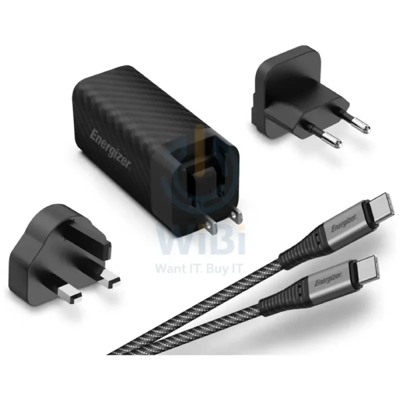 Energizer Ultimate Wall Charger with Universal Plug with Type-C Cable - 90W / Type-C / USB-A / Black