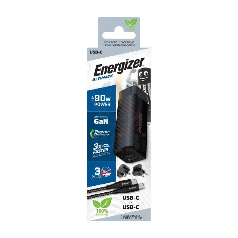 Energizer Ultimate Wall Charger with Universal Plug with Type-C Cable - 90W / Type-C / USB-A / Black