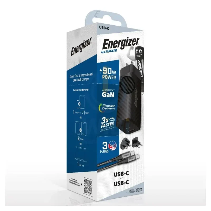 Energizer Ultimate Wall Charger with Universal Plug with Type-C Cable - 90W / Type-C / USB-A / Black