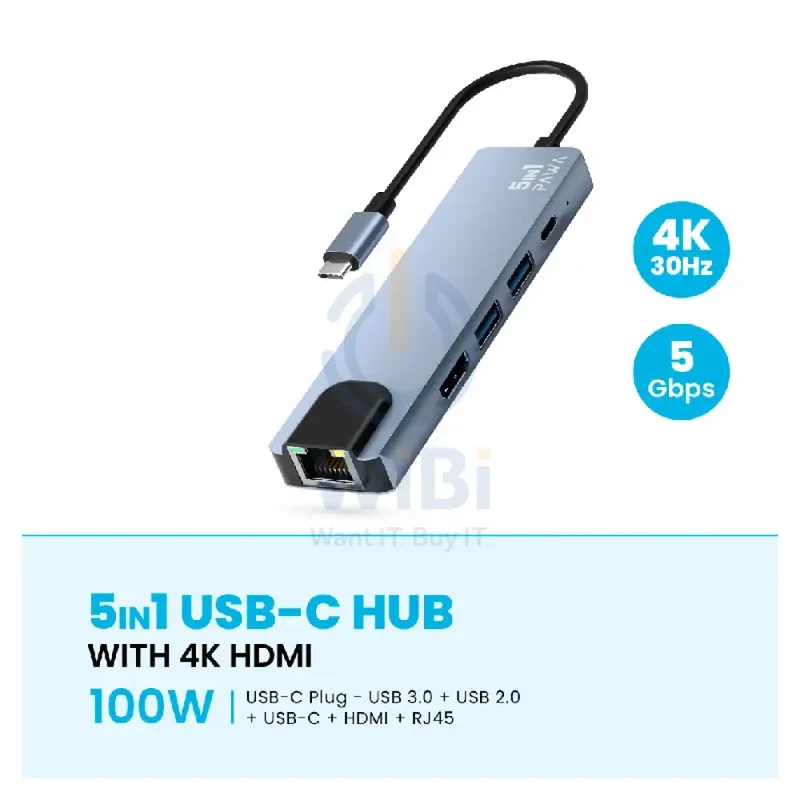 موزع باوا USB-C ‏5 في 1 مع HDMI بدقة 4K - رمادي