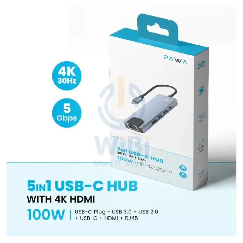 موزع باوا USB-C ‏5 في 1 مع HDMI بدقة 4K - رمادي
