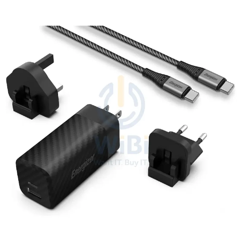شاحن حائط إينرجايزر ألتيمايت بقابس عالمي مع كابل Type-C، 65 واط، Type-C، USB-A، أسود