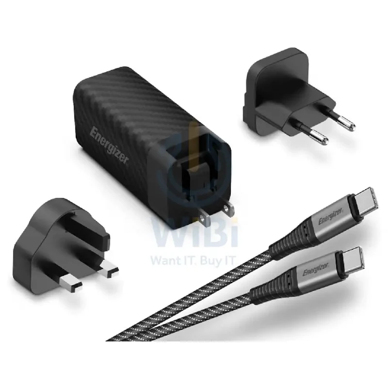 شاحن حائط إينرجايزر ألتيمايت بقابس عالمي مع كابل Type-C، 65 واط، Type-C، USB-A، أسود