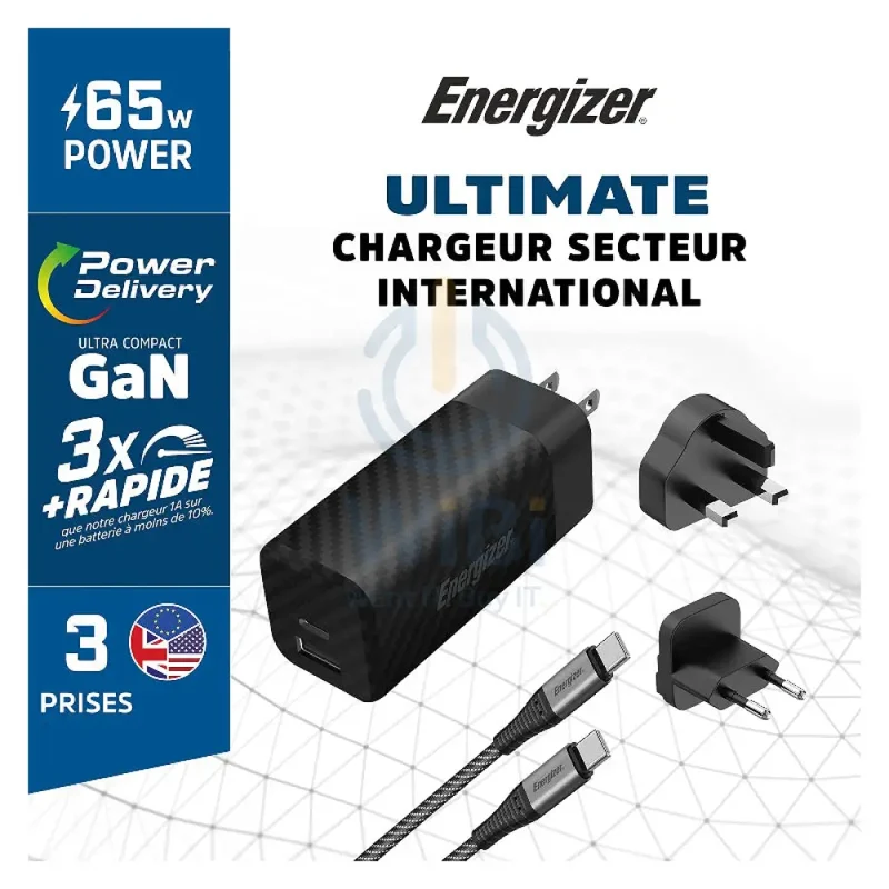 شاحن حائط إينرجايزر ألتيمايت بقابس عالمي مع كابل Type-C، 65 واط، Type-C، USB-A، أسود
