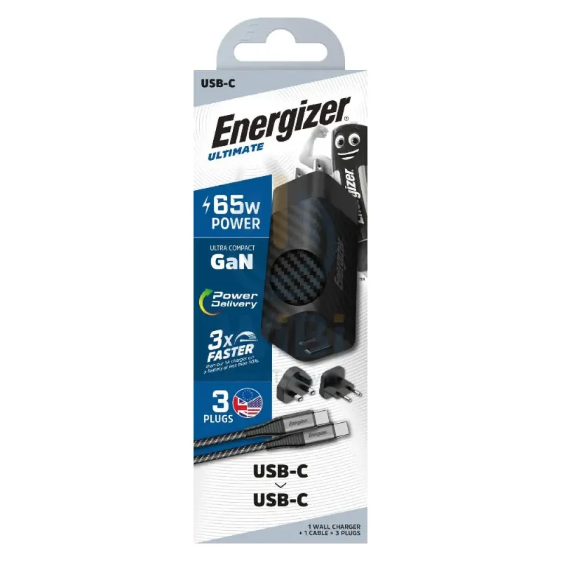 شاحن حائط إينرجايزر ألتيمايت بقابس عالمي مع كابل Type-C، 65 واط، Type-C، USB-A، أسود
